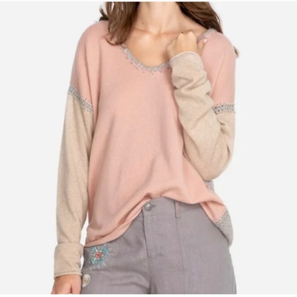 Johnny Was Sweaters - J Johnny Was Whip Stitch Sweater L – 100% Cashmere Blush Pink & Gray Colorblock